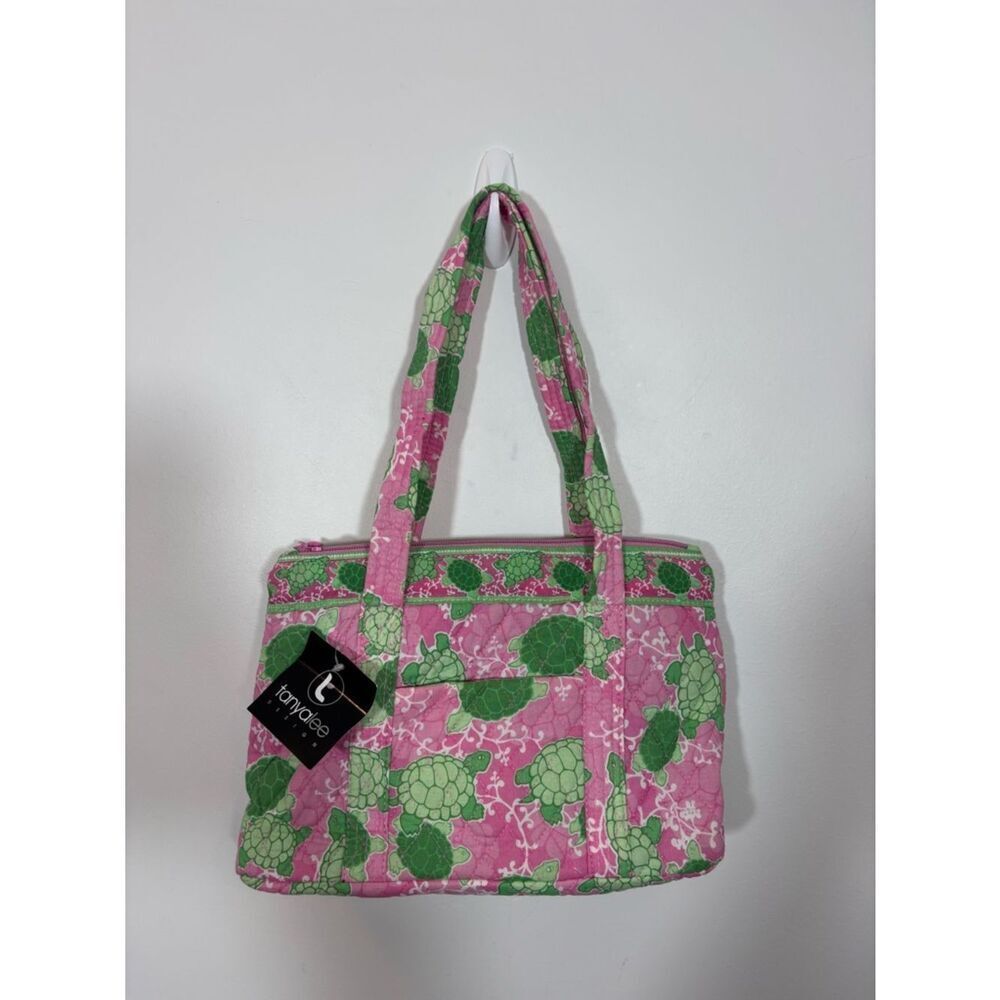 Tanya Lee Pink Zipper Tote bag with Green Turtle Print NWT Quilted Novelty